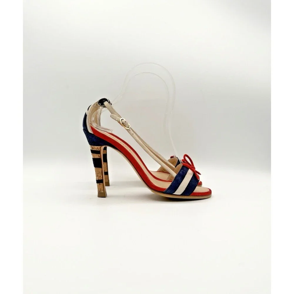Chanel Navy & Red Suede & Cork Striped Sandals CC Logo Heel Nautical Size EU 36